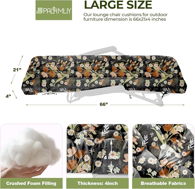 Zero Gravity Chair Cushion Outdoor Chaise Lounge Chair Cushion Waterproof 66 x 21 x 4 Inches Cotton with Ties, Soft Thickened Indoor Outdoor Furniture (Black Peony)