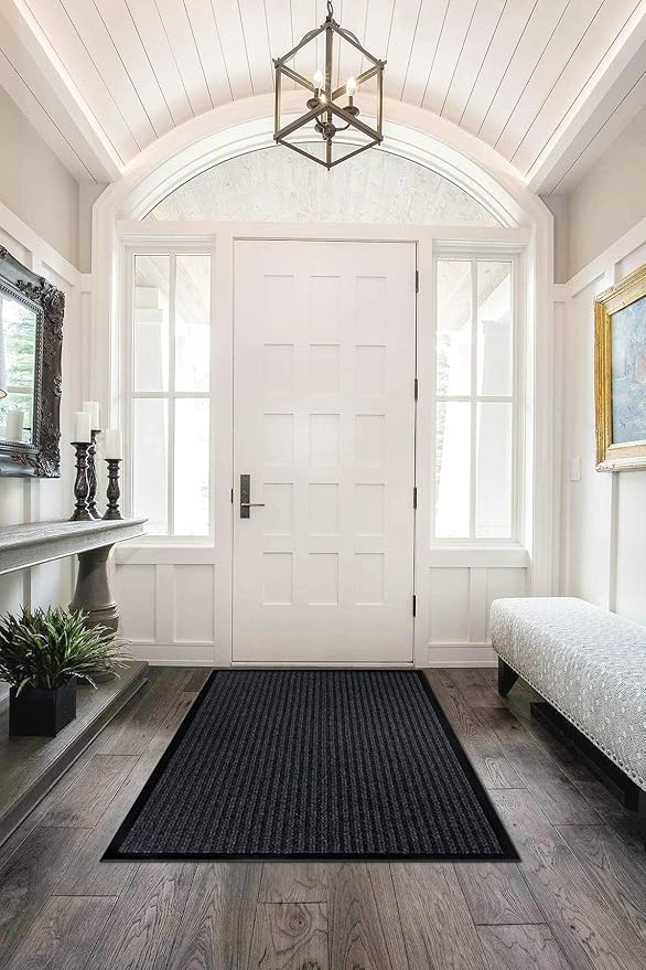 LuxUrux 4x6 Ft Premium Rubber Door Mat – Elegant Heavy Duty Waterproof Entrance Mat for Indoor/Outdoor Use, Non-Slip, Easy to Clean Low-Profile Doormat – Modern Black Striped Design for Home & Office
