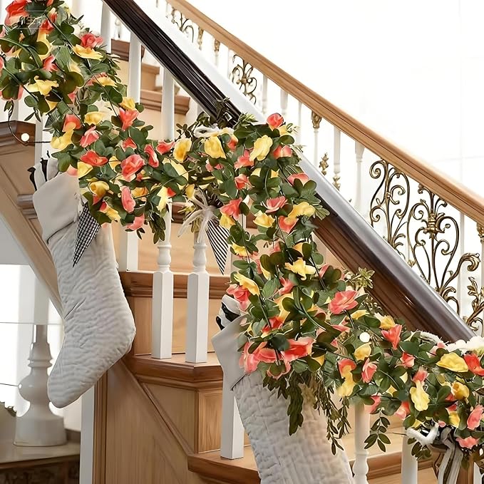 5 Pcs 8FT Flower Garland Artificial Flowers for Outdoors Fake Rose Vine Ivy Silk Flowers for Decoration/Anniversary/Wedding Birthday/Christmas/Home Decor/Garden Decor (Sunset Red)