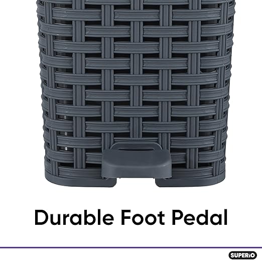 Superio Mini Trash Can with Foot Pedal Small Outdoor Garbage Can with Lid, 1.5 Gallon Plastic Waste Basket for Bathroom, Bedroom, Kitchen, Office, Patio (Wicker Grey 6 QT.)