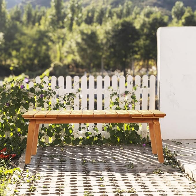 VINGLI Outdoor Wooden Bench, 45” 2-Person Backless Dining Bench, Weatherproof Outdoor Patio Bench for Porch Entryway Garden (1, Teak)
