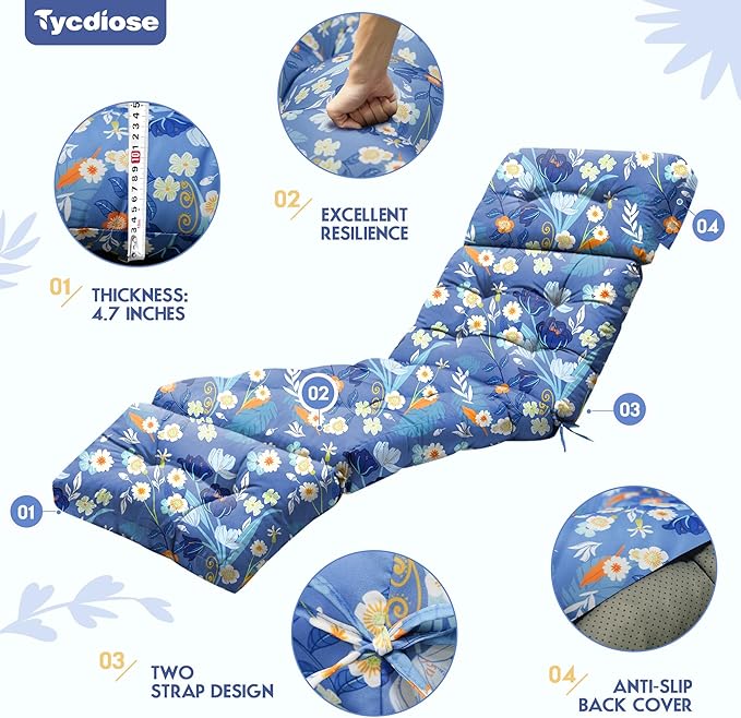 Chaise Lounge Cushions Outdoor Set of 2, 74.4 x 22 x 4.7 Inches Thickened Lounge Chair Cushions Waterproof for Outdoor Furniture with Ties, Non-Slip Patio Pool Lounge Cushions, Blue Floral