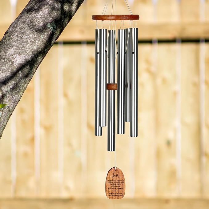 Woodstock Wind Chimes Personalized Amazing Grace Memorial Chime for Outside 24'' Medium Silver Sympathy Customized Faith Inspirational Wind Chime for Outdoor Patio Home Garden Decor (P-AGMS26)