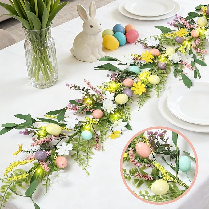 6.5 ft Easter Egg Flower Berry Garlands Decorations Spring Summer Floral Vine Garland Wreaths for Fireplace, Mantle, Table & Indoor Home Decor