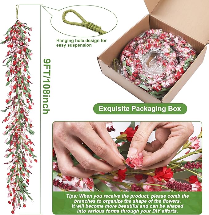 Artgar Flower Garland 9Ft Spring/Summer Garland Floral Garlands for Mantle All Year Round Paper Garlands Decor for Indoor Outdoor Home Wedding Arch Porch Stair Backdrop Year Round Decor (Red Pink)