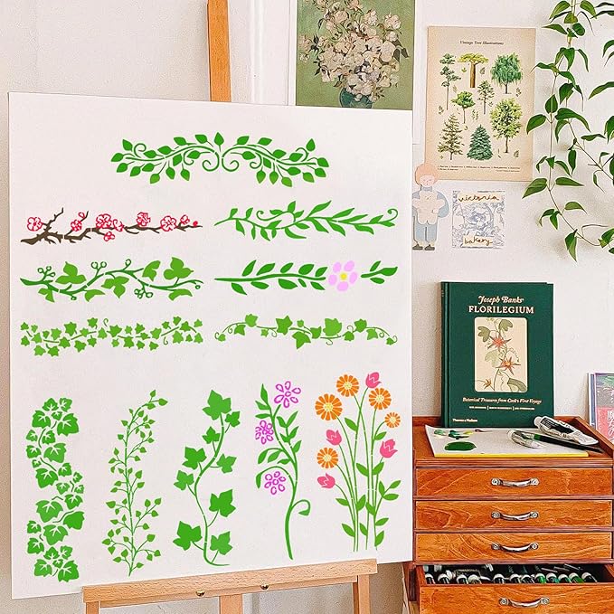 12 PCS Leaf Vine Stencils, Flower Leaves Reusable Plastic Plant Templates, Vine Spring Stencils Set for Painting on Wood Wall Canvas Drawing Art Fabric Furniture DIY Craft Home Decoration, 2 Size