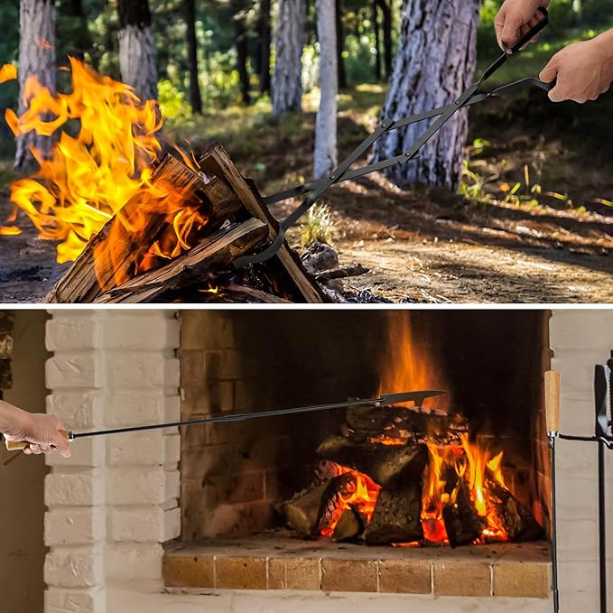 Stanbroil 26” Campfire Fireplace Tongs and 32” Premium Steel Fire Pit Campfire Poker Tool Sets, Heat Resistant Tool for Fireplace Camping Wood Stove Indoor and Outdoor Use