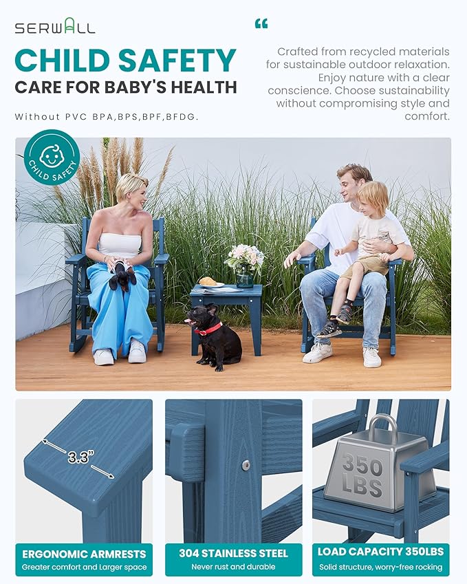 SERWALL Outdoor Rocking Chairs Set of 2 with Side Table, All-Weather HDPE 3 Piece Patio Furniture Set, Outdoor Bistro Set for for Porch Deck Lawn Balcony, Blue