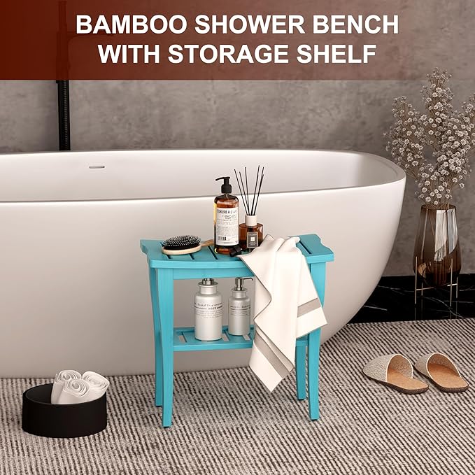 Bamboo Shower Bench Stool with Storage Shelf, Waterproof Shower Chair Spa Bath Seat, Shower Stool for Inside, Bathroom Bench Seat for Adults Elderly Seniors for Indoor or Outdoor Use(Sky Blue)