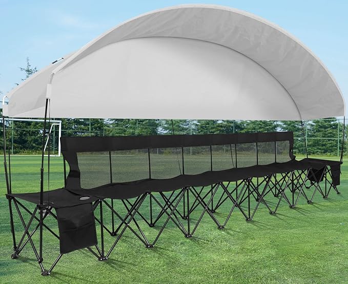 G GOOD GAIN Portable Soccer Bench with Canopy - Team Bench Soccer 8 Seats with Bag, Sideline Folding Bench, Folded Chair Seating 8 for Football Camp Outdoor Sport Events, Team Chairs for Adults, Black