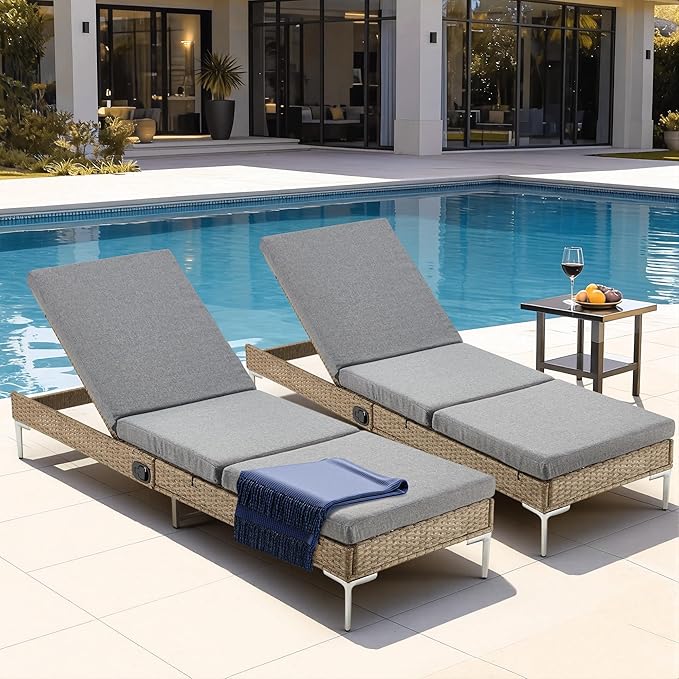 HOMREST Outdoor Chaise Lounge Chair Set of 4, Patio Wicker Lounge Chairs with Adjustable Backrest, Rattan Pool Sunbathing Chaiser Suitable for Garden,Porch,Grey