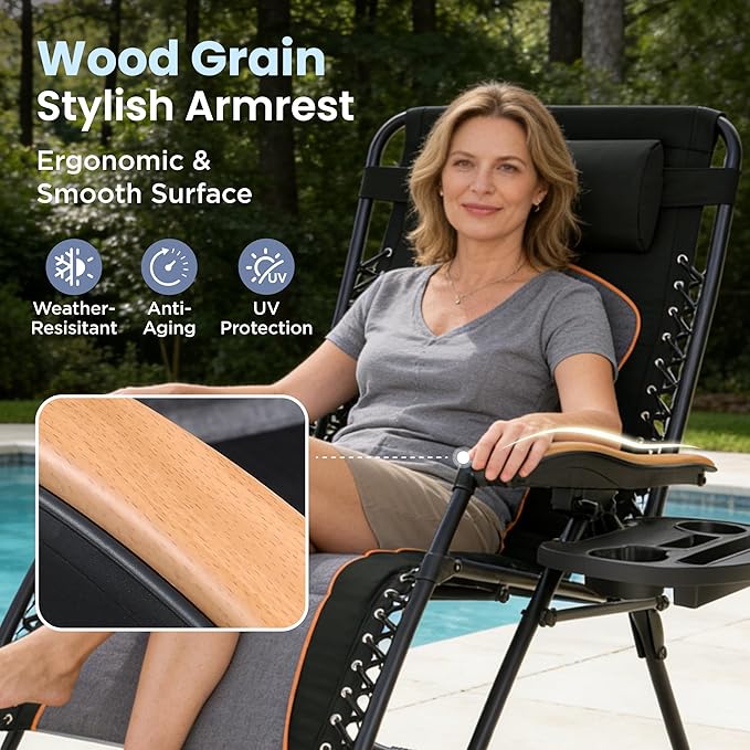 PHI VILLA XXL Oversized Padded Zero Gravity Chair, Foldable Patio Recliner, 30" Wide Seat Anti Gravity Lounger with Cup Holder, Support 400 LBS (Black & Orange Accents)
