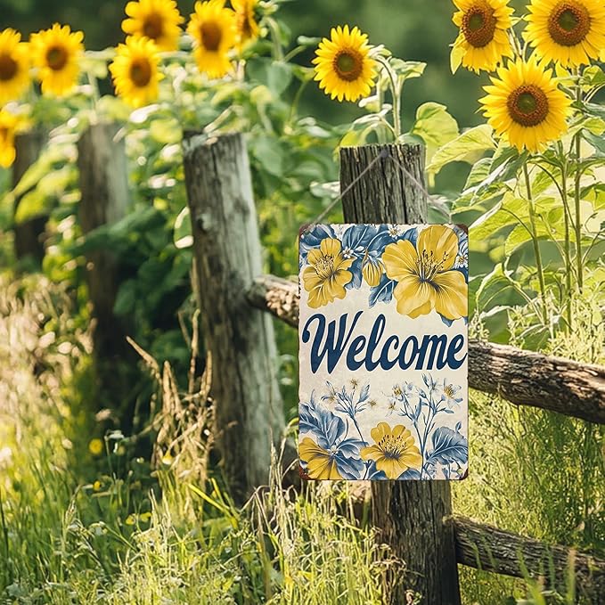 Flowers Vintage Tin Sig Welcome Metal Tin Sign Retro Sign for Home Bar Office Outdoor Wall Decor 12x16inch