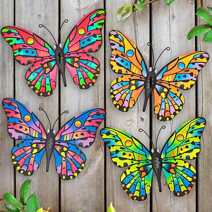 4 Pack Outdoor Butterfly Wall Decor - 9.6 inches Metal Butterfly Wall Art Decorartion for Yard Fence Garden Patio Balcony,Gift Idea for Family Friends(4 Pack)