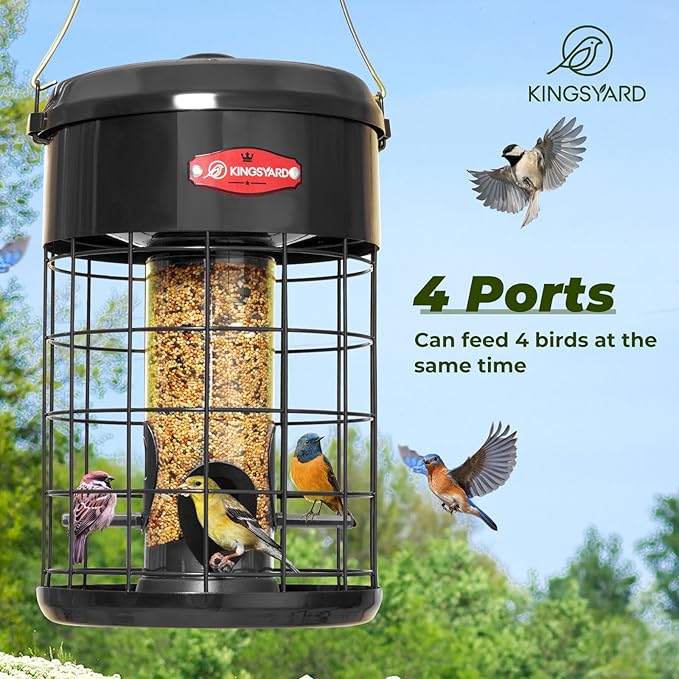 Kingsyard Upgraded Squirrel Proof Caged Bird Feeder for Outdoor Hanging - Additional Storage Tube Bird Feeder with 4 Feeding Ports & Perches, Easy to Clean & Refill. Black