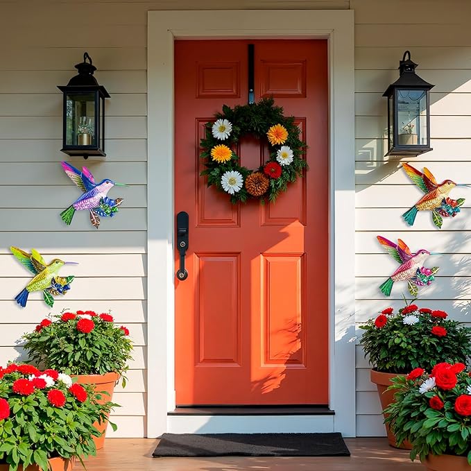 SUNREEK 4 Pack Metal Hummingbird Wall Art, Hanging Birds Outdoor Fence Decorations for Garden Patio Yard Living Room Door Balcony