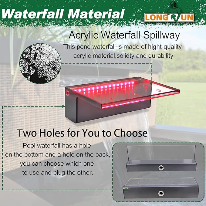 LONGRUN Waterfall Spillway Multi-Color LED Light Outdoor Pool Fountain, Acrylic Water Spillway Koi Pond Waterfalls Fountains Kit for Garden Patio Swimming Pool Koi Ponds Decoration-11.8"