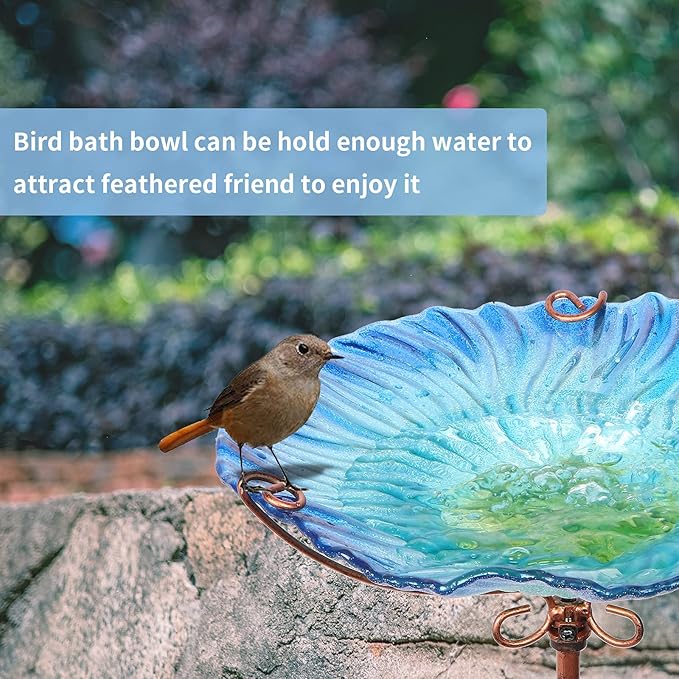 MUMTOP 26 Inch Height Glass Birdbath Birdfeeder with Metal Stake Garden Outdoor Blue