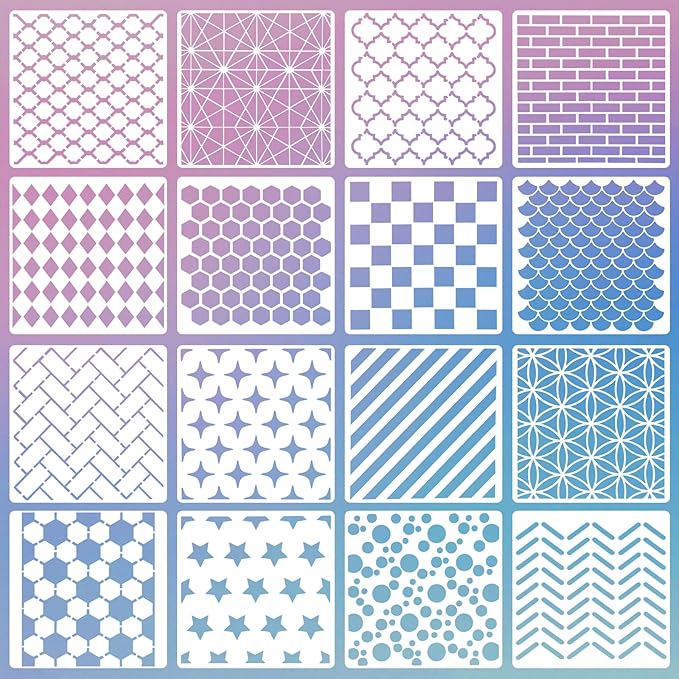 16 PCS 6 Inch Checks Diamond Stencils, Brick Mermaid Scale Reusable Plastic Paint Templates for Painting on Wood, Geometric Star Shape Stencils for Furniture Fabric Wall DIY Crafts Decorations