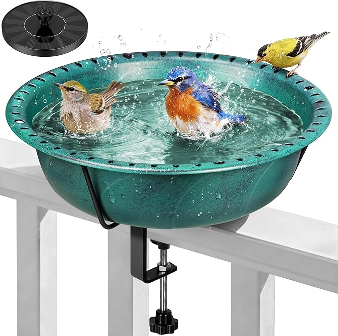 VIVOHOME Deck Mounted Bird Bath with Solar Fountain, Outdoor ABS Birdbath Bowl with Adjustable Metal Clamp, Solar Powered Pump for Railing, Fence, Balcony, 1.45 Gallons, Green