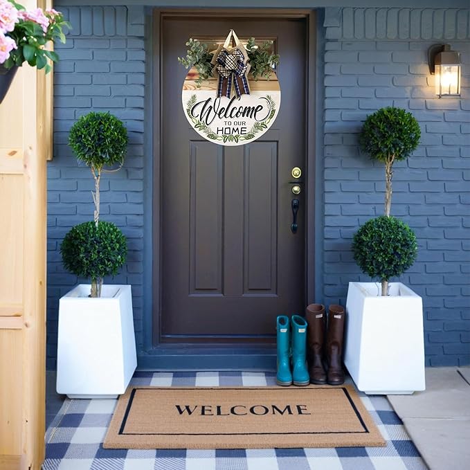 Welcome Sign Front Door Decoration 12 Inch Round Wood Wreath Wall Hanging Outdoor, Farmhouse, Porch, Suitable for Spring Summer Fall Seasons Holidays Christmas (blue)