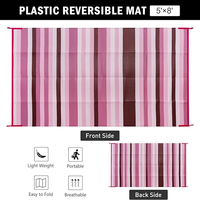 HUGEAR Outdoor Waterproof Rug 5'x8' Plastic Straw Rugs Washable Reversible Floor Mat Pink Stripe Carpet for Camping RV Deck Entryance Porch Picnic Balcony Beach Backyard