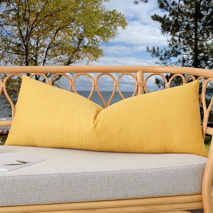 Kevin Textile Outdoor Waterproof Long Lumbar Pillow Cover 14x36 Inch Pack of 1 Checkered Decorative Rectangle Cushion Throw Pillowcases Shell for Patio Tent Garden Couch Bed Sofa Yellow