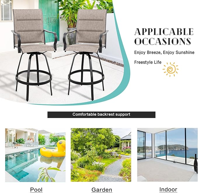 Vongrasig 4 Piece Outdoor Patio Swivel Bar Chairs, All Weather Padded Sling Textile High Top Bar Stools, Bistro Set for Backyard, Lawn Garden, Balcony, Gray