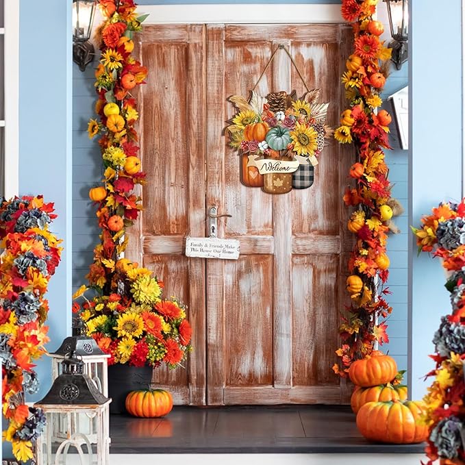 Boao Welcome Thanksgiving Door Decorations Thanksgiving Sign Hanging Decoration Wall Hanger Masquerade Carnival Wreath for Outdoor Farmhouse Porch Front Door Decor