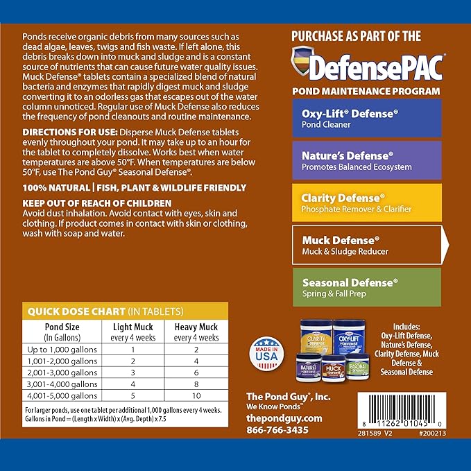 The Pond Guy Muck Defense, Natural Sludge Control Treatment, Water Garden Mud Digester & Odor Remover, Fish, Bird & Pet Safe, Easy Dosing, 6 Tablets