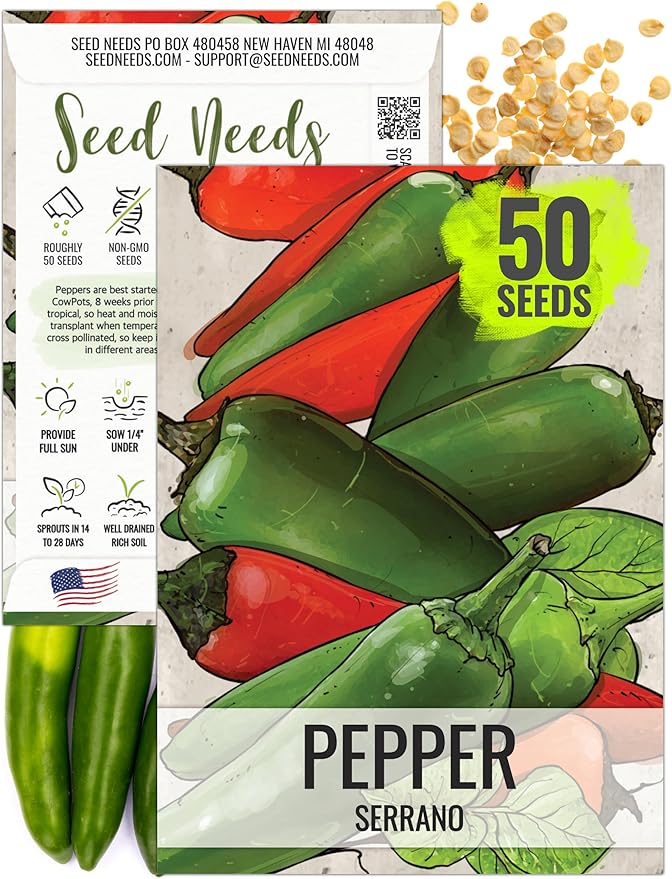 Seed Needs Hot Pepper Seeds for Planting Serrano Chile Peppers - Non-GMO Heirloom & Untreated Vegetable Seed to Plant an Outdoor Home Grown Veggie Garden (1 Pack)