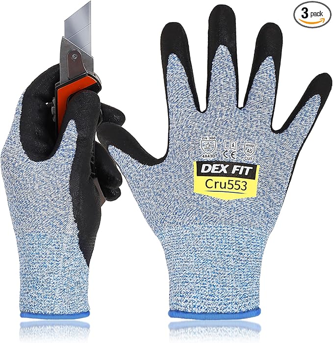 DEX FIT Level 5 Cut Resistant Gloves Cru553, 3D-Comfort Fit, Firm Grip, Thin & Lightweight, Touch-Screen Compatible, Durable, Breathable & Cool, Machine Washable; Blue L (9) 3 Pairs