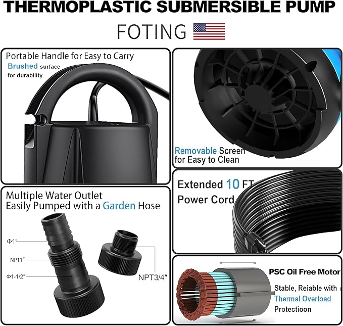 FOTING Sump Pump 1HP Clean/Dirty Submersible Water Pump,4600GPH Utility Pump Thermoplastic Electric Portable Transfer Water Pump for Swimming Pool Pond Basement with 10ft Power Cord,Manual