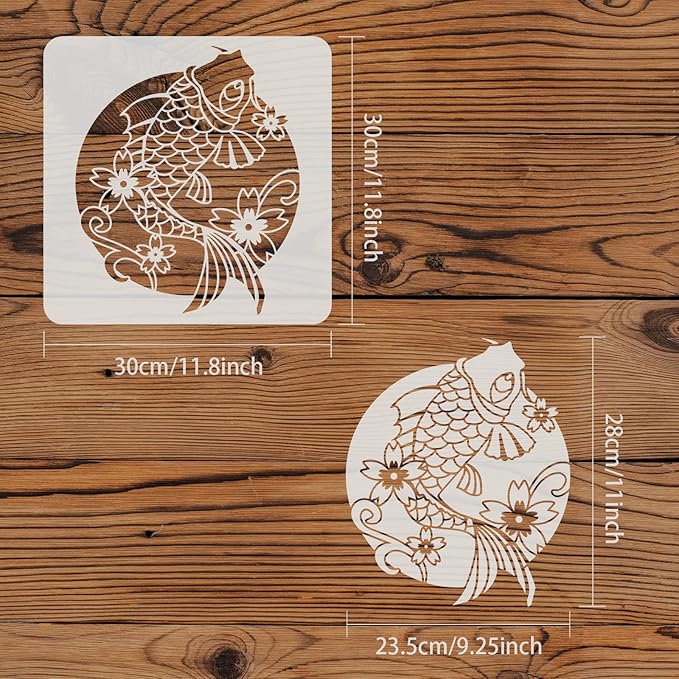 FINGERINSPIRE Koi Fish Stencils 11.8x11.8inch Fancy Carp Drawing Painting Stencils Koi Flower Leaf Wall Stencils Washable Reusable Mylar DIY Art Craft for Painting on Wood, Floor, Wall and Tile