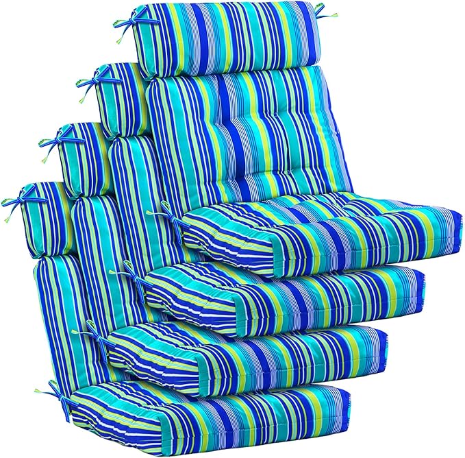 Barydat 4 Pcs Tufted High Back Chair Cushion Indoor Outdoor Seat and Back Cushions Palm Leaves Tropical Plants Lawn Rocking Chair Pads with Ties for Adirondack Patio Garden(Blue Stripes)