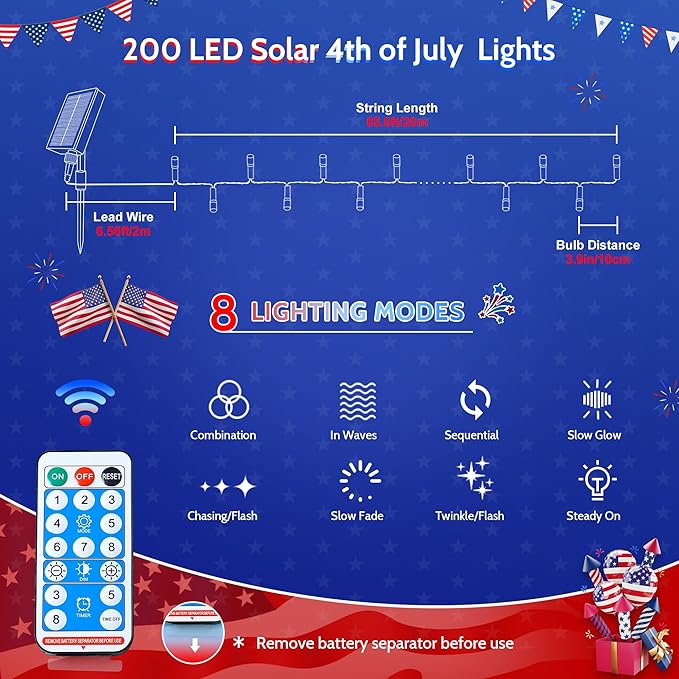 woohaha 2 Pack Red White and Blue Solar Lights,Total 400LED 144FT Patriotic Solar String Lights for Outside,Waterproof 4th of July Light for Independence Day,Garden,Tree,Fourth of July Decorations
