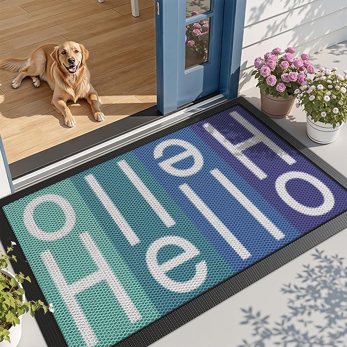 LUMI Outside Welcome Door Mat 36x59, Non Slip Durable Rubber Entrance Doormat, Low Profile Easy Clean Mats for Front Back Door Entryway Porch Garage, Hello Multi