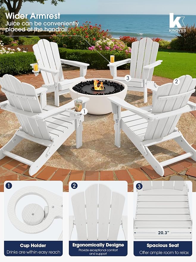 KINGYES Folding Adirondack Chair, HDPE All-Weather Patio Chairs with Cup Holder, Wooden Textured Fire Pit Chairs for Poolside, Backyard, Deck, White