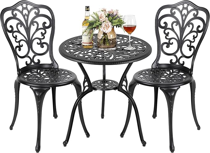 NUU GARDEN 3 Piece Outdoor Bistro Table Set, All Weather Cast Aluminum Patio Bistro Sets Patio Table and Chairs Set of 2 with Umbrella Hole for Yard, Garden, Balcony, Black