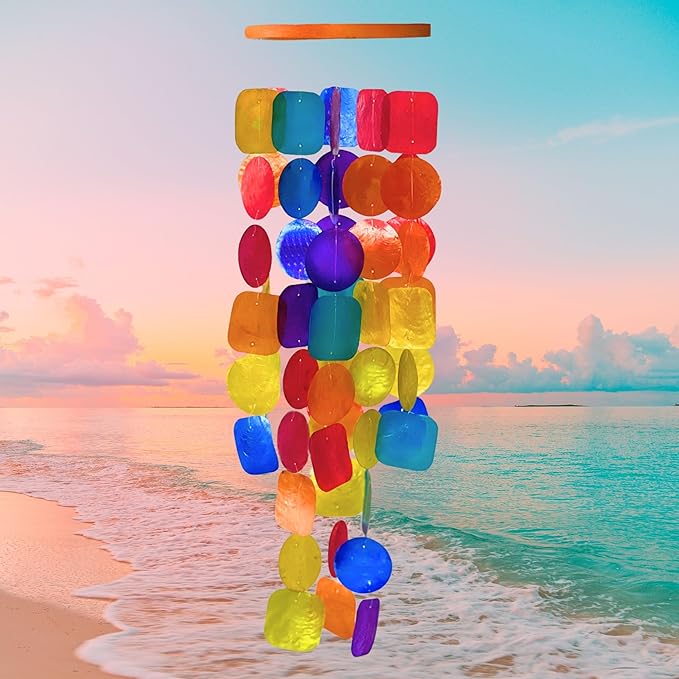 Bellaa Handmade Wind Chimes Outdoor, Musical, Garden Decorations, Outside Windchimes, Beach, Ocean, Breeze, Gifts for Mom, Capiz Sea Glass Shells Wood Rainbow