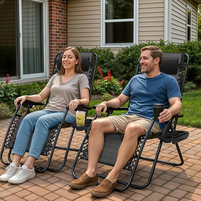 Magshion Zero Gravity Lounge Chair, Adjustable Folding Recliner with Cup Holder Side Tray & Removable Headrest Pillow, Portable Outdoor Patio Lounger for Camping, Beach, Lawn, Backyard, Black