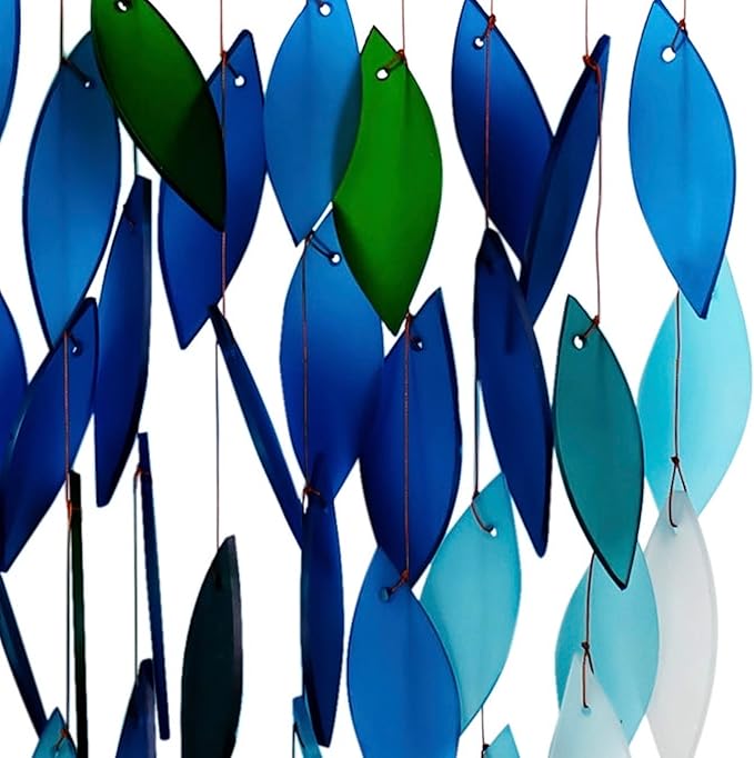 Blue Handworks Deluxe Ocean Ombre Waterfall & Driftwood Chime, Sandblasted Glass and Found Wood Handcrafted Wind Chime