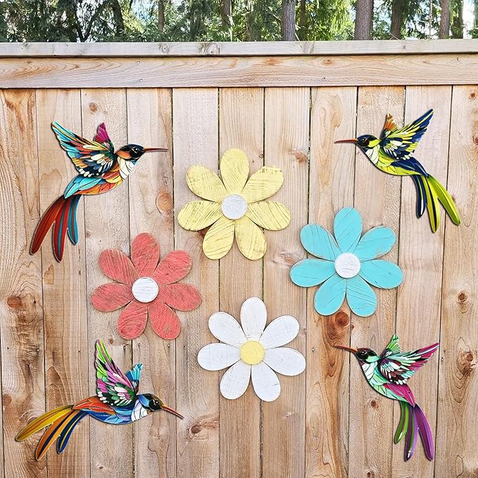 WHBIMGOOO 4 Pack Metal Hummingbird Wall Art Decor, 3D Colorful Birds Outdoor Sculpture for Garden Fence, Backyard, Outdoor Wall, Patio and Balcony, Great Gifts for Family Friends