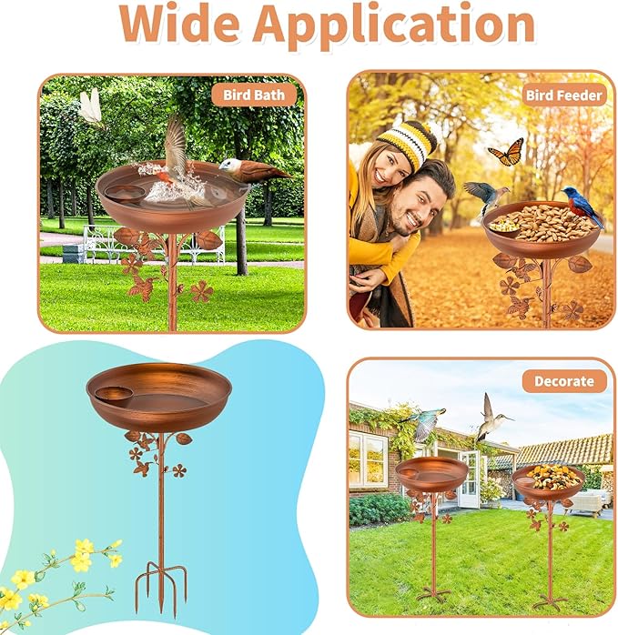 Metal Bird Bath for Outdoors Garden Birdbath Bowl, 39.6" Height Bird Feeders for Outside with 5 Prongs Base Stake, Standing Birdfeeders for Yard Lawn Decor (Vintage Copper)