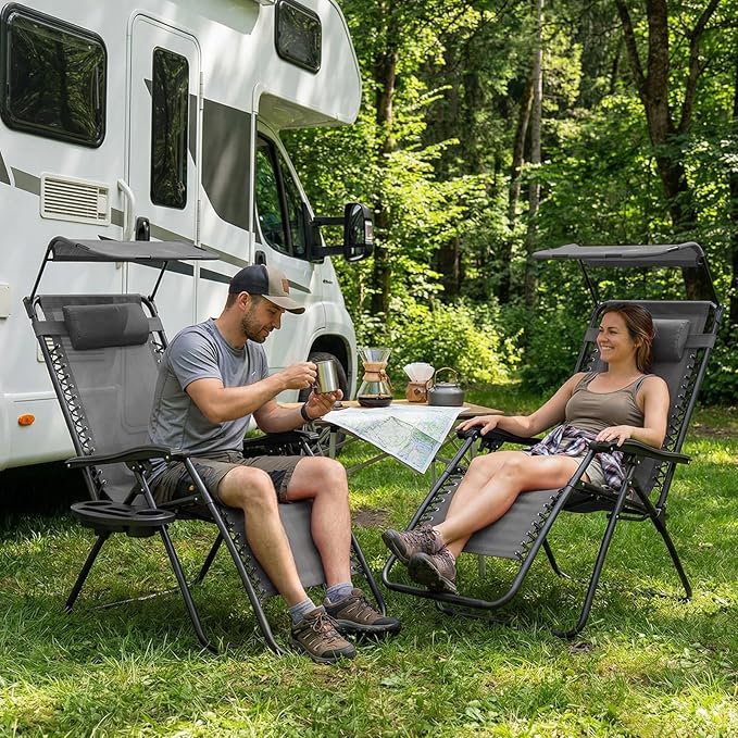 Magshion Zero Gravity Lounge Chair with Canopy, Outdoor Foldable Patio Reclining Chair with Side Tray, Adjustable Anti-Gravity Recliner with Pillow Headrest, Lounger for Lawn Camping Beach (Grey)