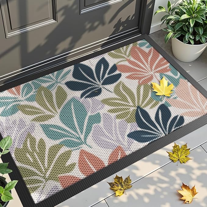 DEXI Front Door Mat Outside Entrance, Fall Autumn Entryway Doormat Dirt Trapper, Heavy Duty Non Slip Entry Mats for Patio Garage Porch Home Decorative, 17x30, Colorful Leaves