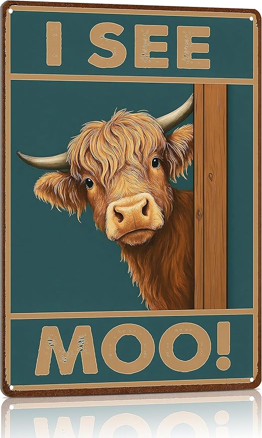 MAMAGIFTREE Funny Highland Cow Tin Sign for Bathroom Wall Decor, Funny Christmas Gifts I SEE MOO! 8x12 Inch Metal Signs, Vintage Farmhouse Wall Art Rustic Western House Decor, Cow Gifts for Man Cave