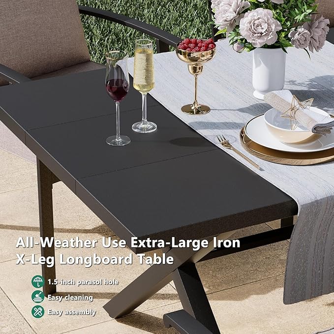 Kullavik 14 PCS Outdoor Dining Table Set for 12,Fence Pattern Back Chairs & Swivel Chairs,Iron Longboard X-Leg Table w/Parasol Hole,Patio Furniture Set for Backyard,Garden,Poolside-Sand