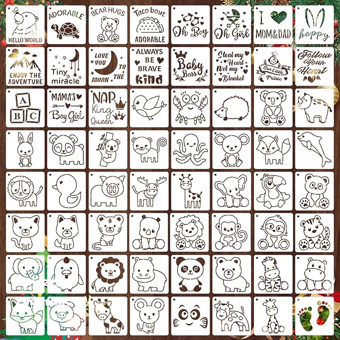 64 Pieces Small Onesie Stencils for Baby Shower, 3 Inch Reusable Baby Bib Stencil for Painting, Cute Animal Clothes T Shirts Template Kit for Fabric Canvas Craft DIY Home Decor(Baby Show)