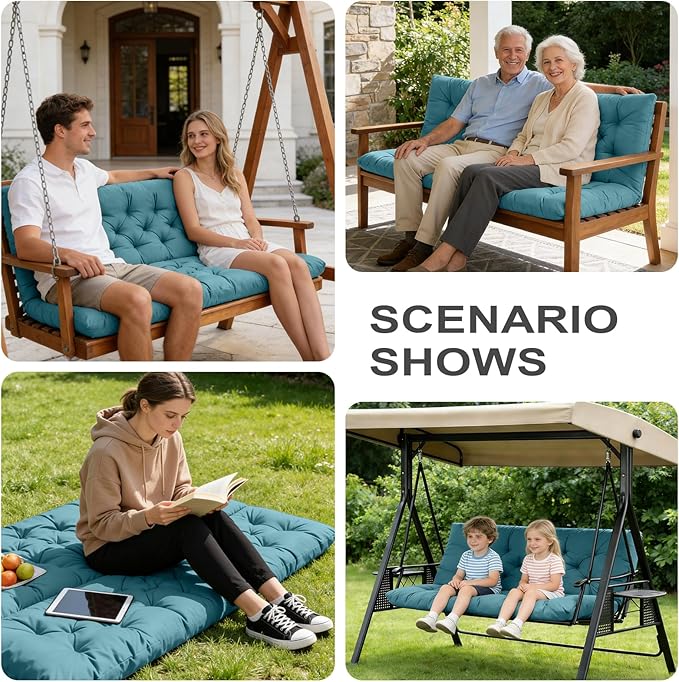 Outdoor Swing Cushions,Waterproof Swing Cushions 3 Seater Replacement with Backrest,Outdoor Thickened Bench Cushion with Ties for Porch,Patio,Backyard,Garden (Lake Blue 60 * 40 in)